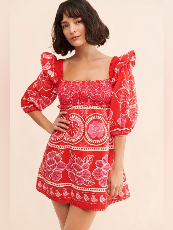 FARM Rio Dresses & Skirts - Farm Rio Summer Sunrise Mini Dress Red‎ Pink Smocked Floral Small